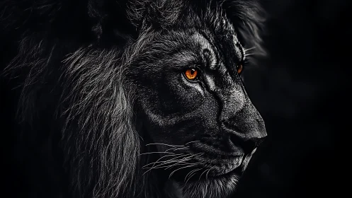 Regal black lion gazes outward with burning amber eyes.