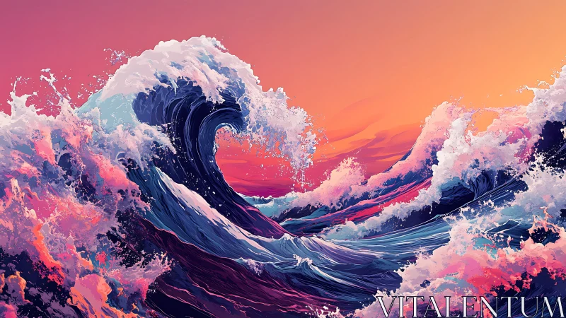 Digital seascape with stylized waves under gradient sky.