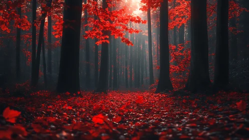 Crimson Forest Path. Autumn's Deep Red Canopy.