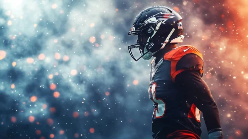 Lone football player walking through glowing game-night haze.