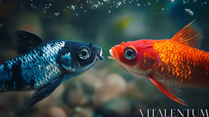 Opposite goldfish glide forward, trading a silent neon kiss