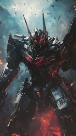 Towering battle mech strides through fire and stormy skies