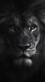 Monochrome lion portrait shows detailed frontal face
