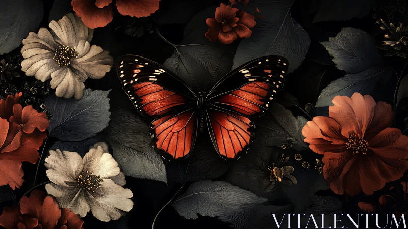 Chromatic lepidopteran centered in dark floristic topology.