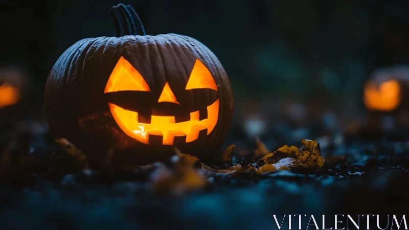 Carved jack-o-lantern on ground with internal candlelight.
