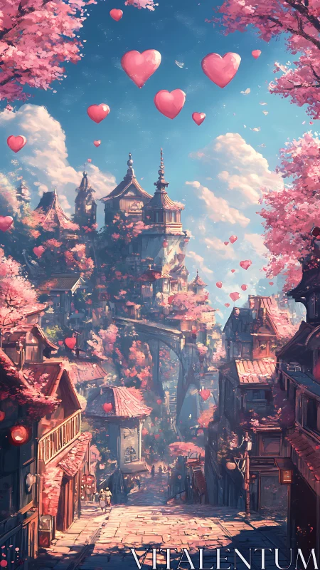 Fantastical castle rendered in warm tonality with floating heart symbols amid blossom clusters.