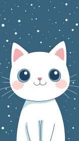 White cat illustration with large blue eyes against starry background.