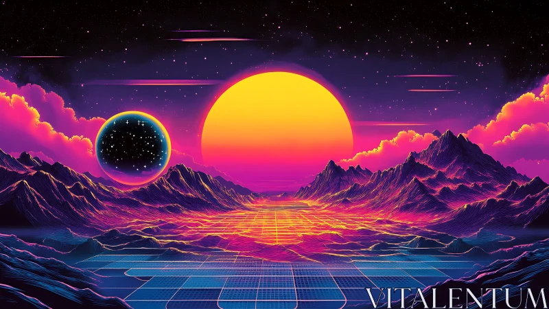 Neon sunset welcomes a dreamy sci fi valley of glowing grids