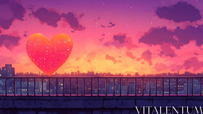 Floating heart shape over urban skyline at sunset.