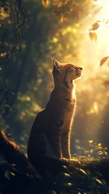 Lynx sits in golden forest light, dust motes glowing softly.