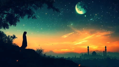 Solitary cloaked figure at dusk over glowing cityscape.