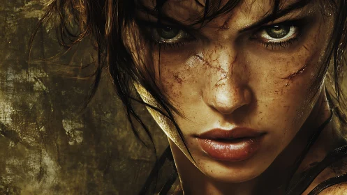Battle-worn female face in intense close-up portrait.