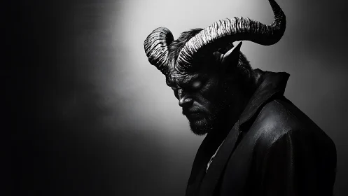 Horned demon portrait uses dramatic chiaroscuro in profile view