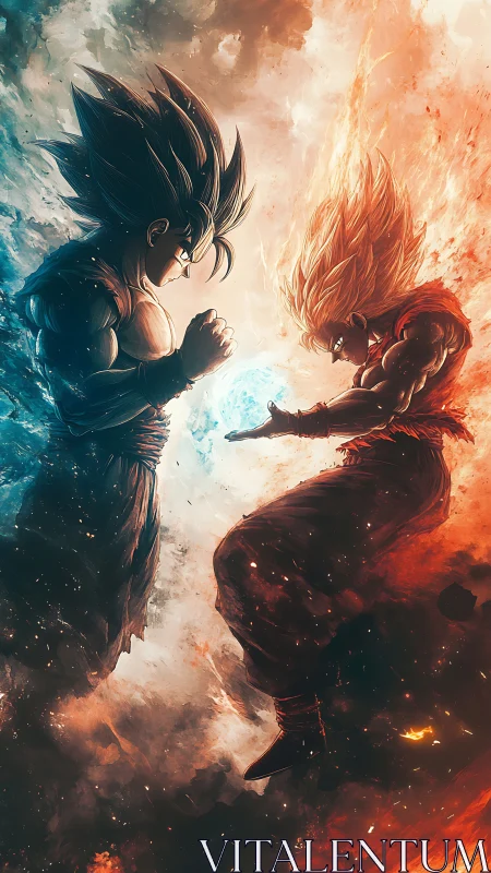 Opposed energy warriors in divided blue and orange field.