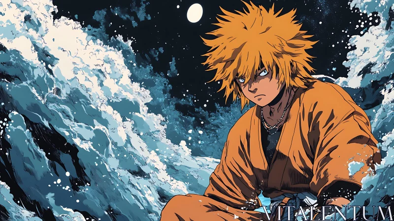 Orange robed anime figure seated amid crashing ocean waves.