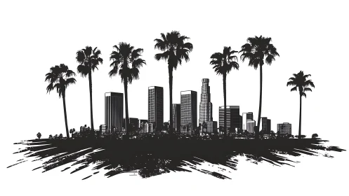 Palm-framed city skyline drawn with bold inked energy.