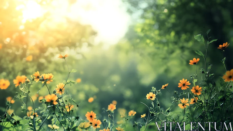 Golden Wildflowers Glowing in Sunlit Meadow.
