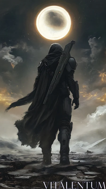 Lone armored wanderer beneath radiant celestial sphere.