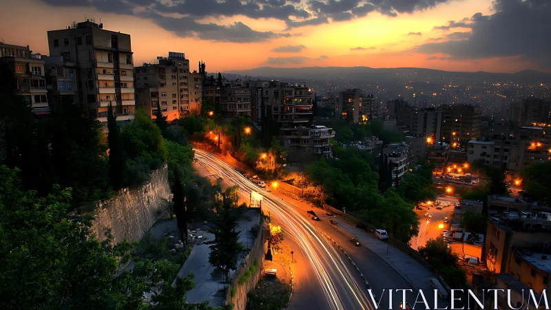 Long-exposure urban highway at dusk through dense hillside city