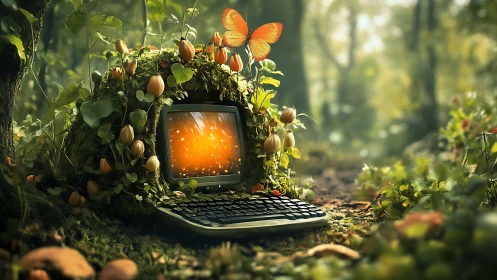 Retro computer nest glows under butterfly in lush forest