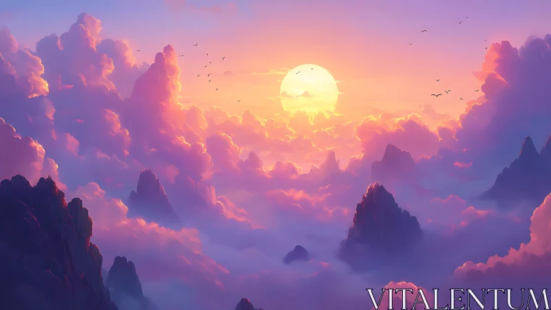 Sunset above cloud-layered peaks in soft pastel light.