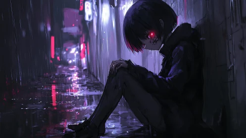 Neon-eyed loner in rain-slick alleyway silence at midnight.