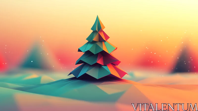 Geometric low poly tree stands centered in soft pastel snow