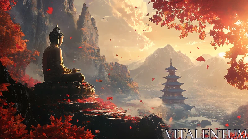 Autumn Buddha gazes over misty pagoda and ember mountains.