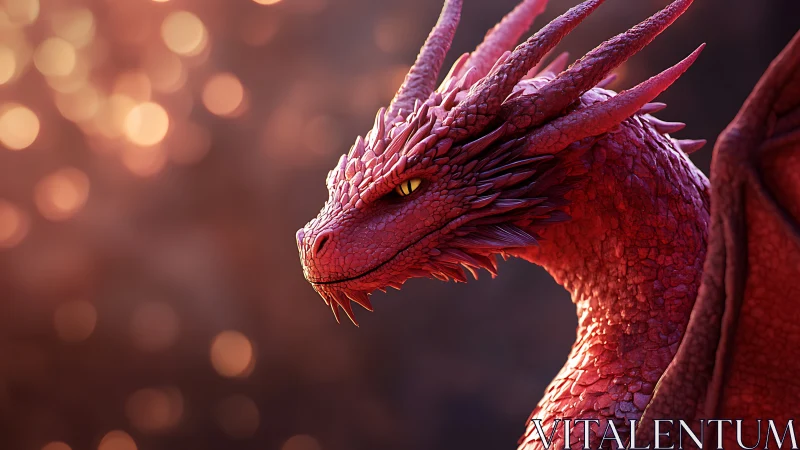 Specular-lit crimson dragon portrait with cinematic bokeh depth.