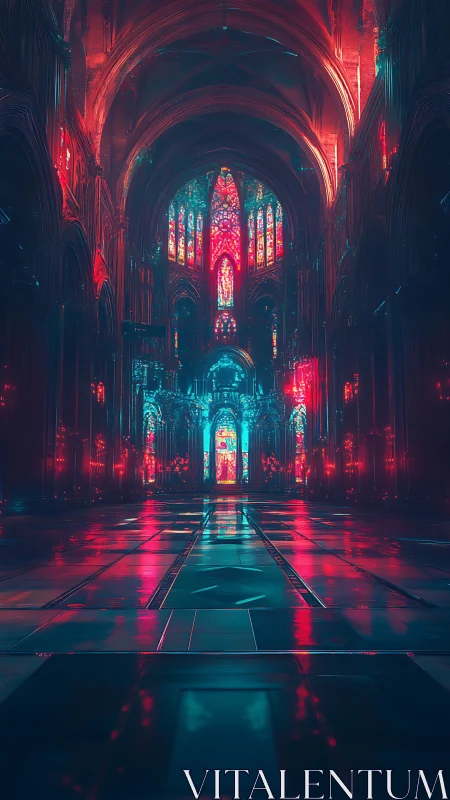 Neon cathedral interior with glowing stained glass windows.