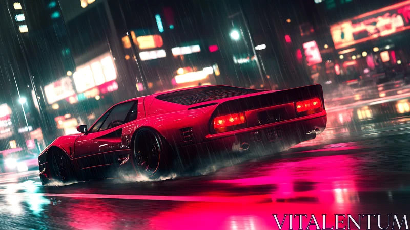 Neon storm supercar slicing through rain glazed nightlife.