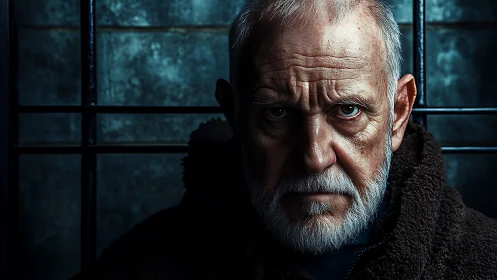 Storm-lit portrait of a weathered man in quiet defiance.