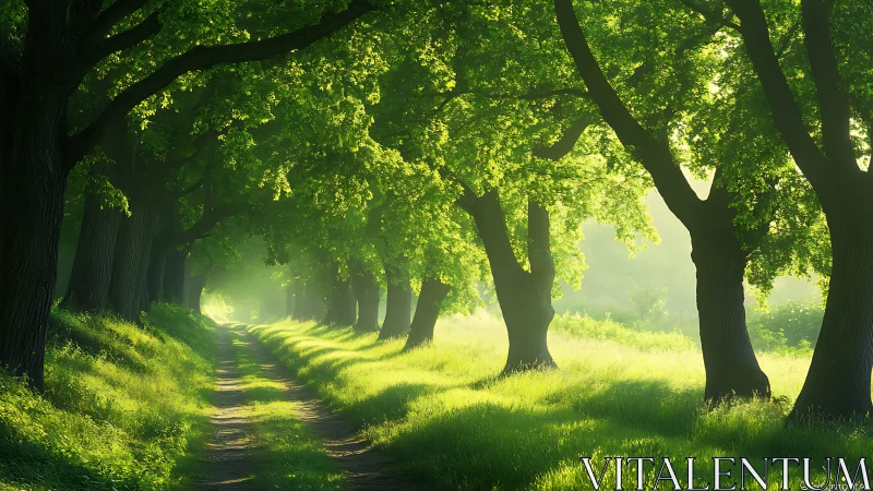 Sunlit Tree-Lined Path in Lush Green Forest, Photorealistic Style.