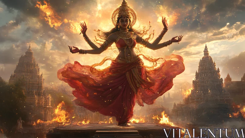 Divine multi-armed goddess levitates above burning temple complex