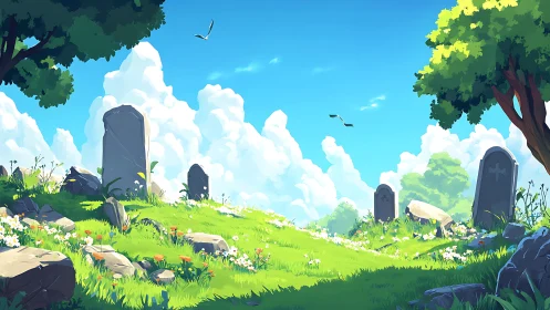 Sunlit hilltop cemetery rests beneath drifting summer clouds.