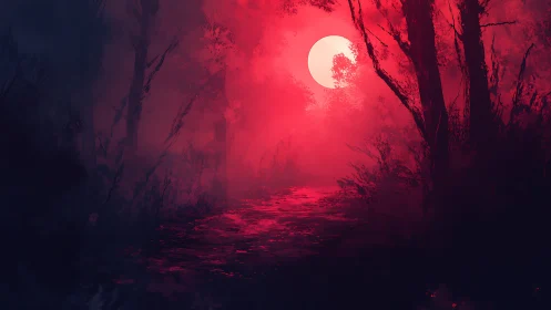 Blood red moon rises over dark misty forest stream
