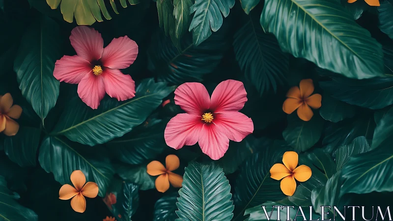 Layered Tropical Floral Composition: Pink Cosmos with Orange Accents and Verdant Foliage