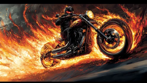 Fiery motorcycle rider blazing a bold trail through night streets.