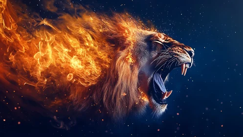 Blazing lion roar streaking through a starry night sky.