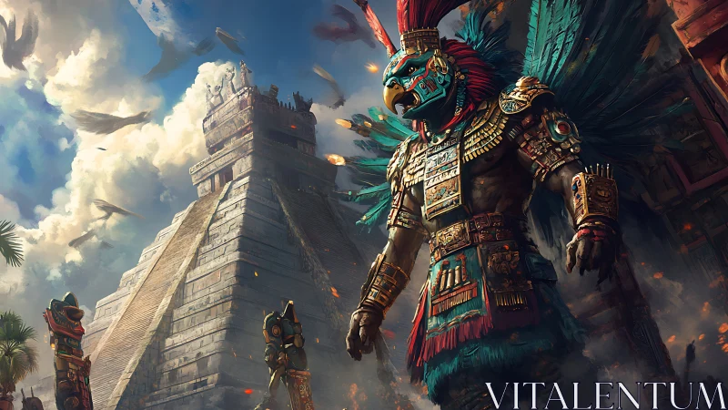 Mythic avian warrior beside stepped pyramid under clouds.