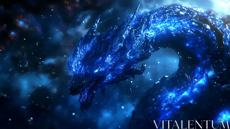 Glowing blue cosmic dragon curves through deep space