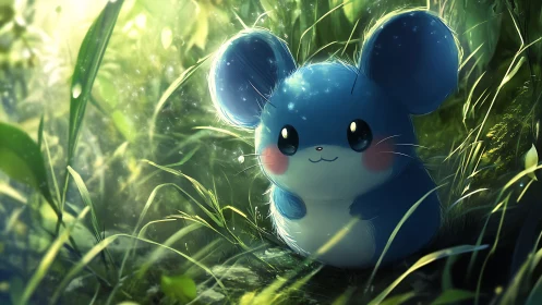 Blue mouse creature in luminous forest grass, soft bokeh light.