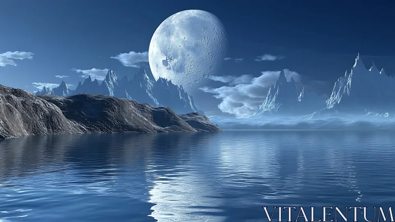 Frozen alien coastline extends beneath oversized full moon