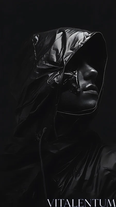 Hooded cyber figure in glossy black shadows portrait.