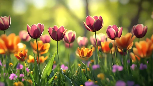 Vibrant Tulip Garden in Spring Sunlight
