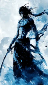 Storm-lit samurai stands ready in swirling blue shadows