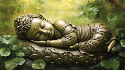 Peaceful sleeping Buddha statue rests in lush green garden