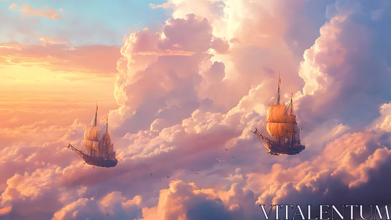 Sunlit sky galleons drifting through rose-gold cloud oceans.