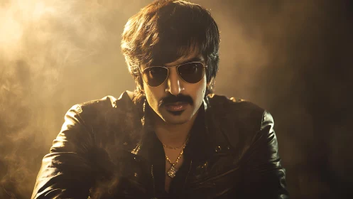 Moody portrait of a man in leather jacket and golden haze