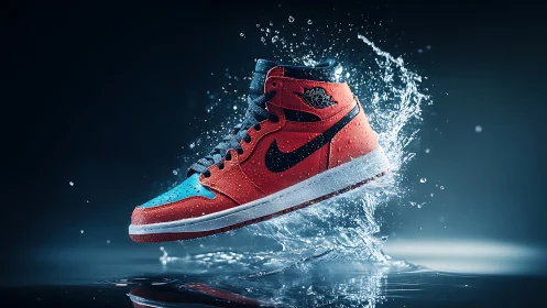 Bold splash sneaker frozen in midair, energy in motion.